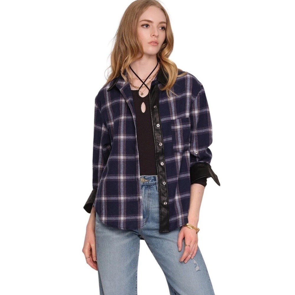 Revolve Heartloom Plaid Button Down Marta Shirt Size L Vegan Leather Trim Navy